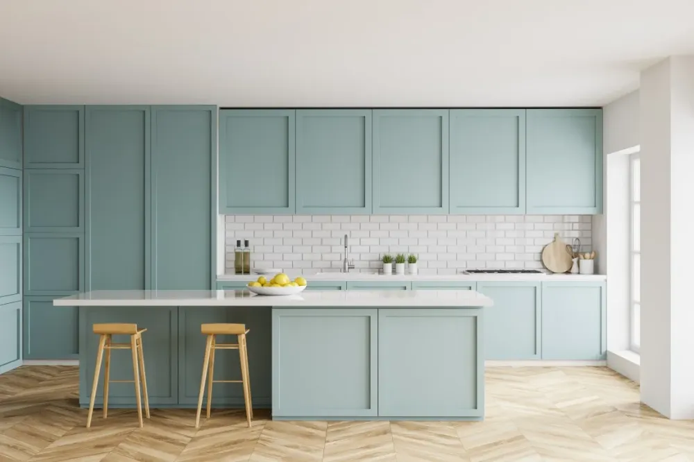 Cuisine moderne avec placard en turquoise